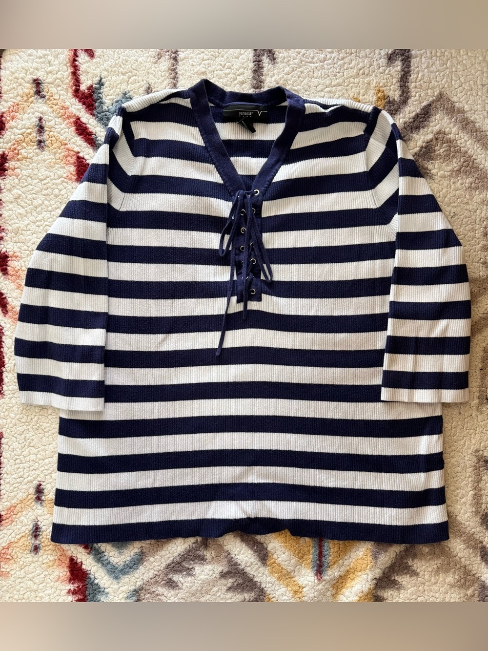 Venezia Navy and White Lace-Up Striped Long Sleeve Tee